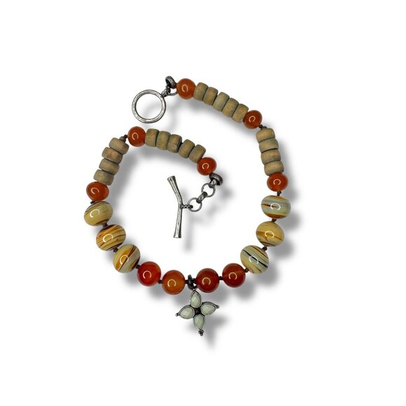 Lucky Brand Beaded Necklace Wood Carnelian Glass 16" Toggle Clasp - Picture 3 of 6